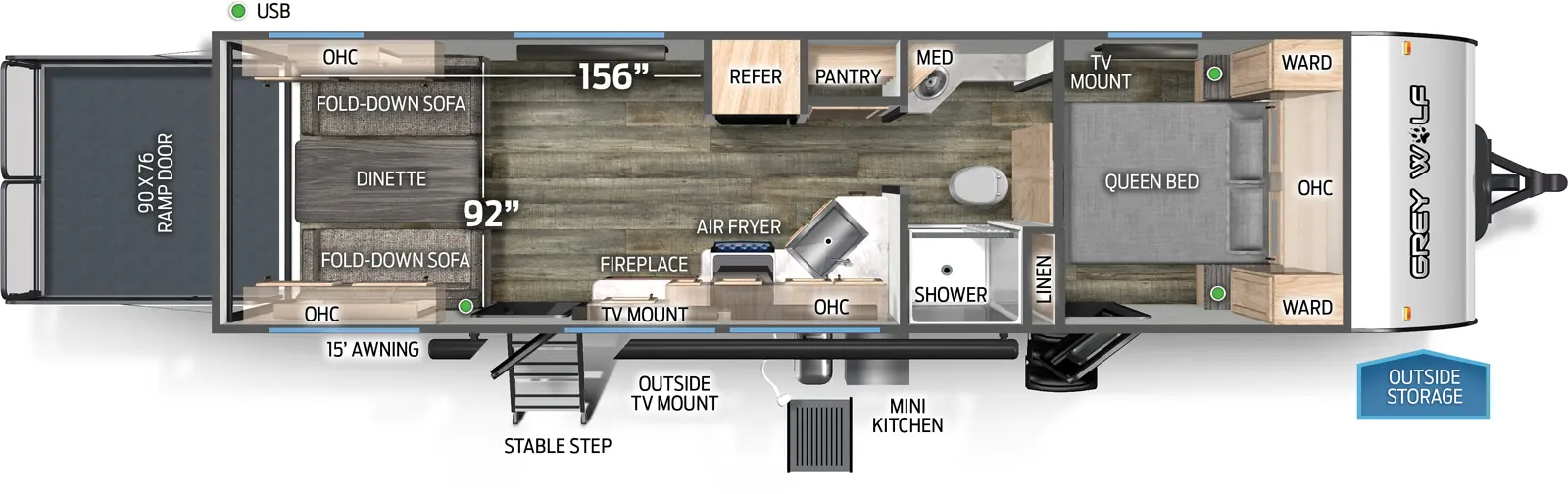 The 24RRT has no slide outs, a rear ramp door, and two entry doors. Exterior features include 15 foot awning, outside TV mount, outside storage, mini kitchen, and stable step on main entry. Interior layout front to back: queen bed with overhead cabinet, wardrobes on either side, off-door side TV mount, door side entry, and linen closet; pass through full bathroom with sink and medicine cabinet on off-door side, and shower and toilet on door side; off-door side pantry and refrigerator; kitchen countertop with sink wraps from inner wall to door side with overhead cabinet, air fryer, fireplace with TV mount above, and main entry; rear opposing wall fold down sofas with overhead cabinets, and dinette table. Cargo area measurements: 156 inches from the rear of the trailer to the refrigerator; 92 inches from off-door side wall to door side wall; 90 inch by 76 inch rear ramp door.